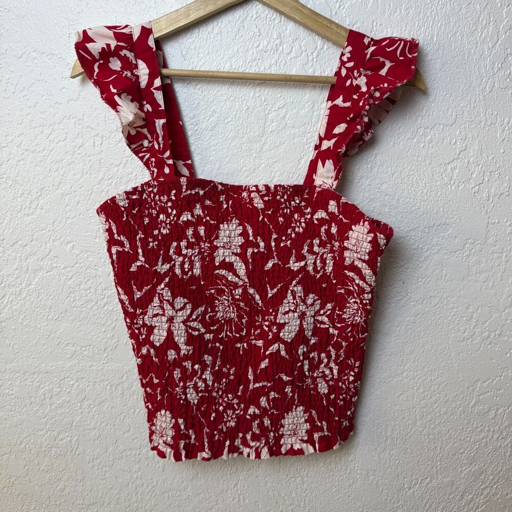 Old Navy Red Floral Fully Smocked Ruffle Strap Top Size L Boho‎ Milkmaid Prairie - Picture 3 of 7